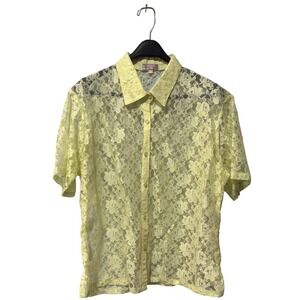 Abbey Rose Pale Yellow‎ Floral Lace Button Up Shirt Short Sleeve Sheer Top XL